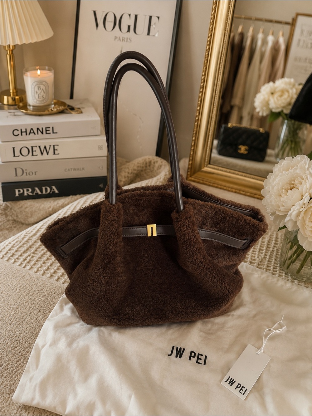 JW PEI Chocolate Brown Teddy Tote with Dark Brown Handles
